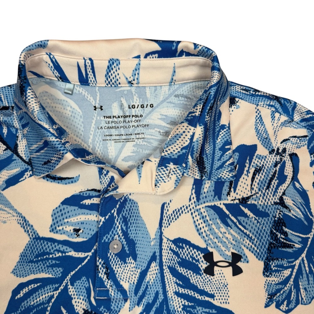 Under Armour Mens The Playoff Polo Blue Pink Tropical Palm Leaf Golf Shirt Large
